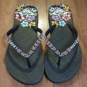 Roxy Black Flip Flops with Colorful Floral Pattern